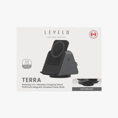 Levelo Terra Rotating 3 In 1 Wireless Charging Stand With Portable 5000Mah Power Bank - Black